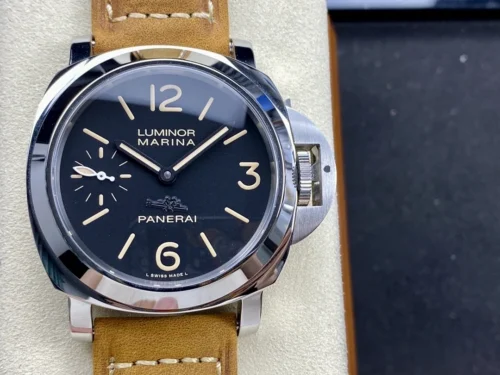 Luminor Marina PAM434 face on in its box, black dial and tan strap