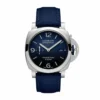 Panerai Luminor PAM1157 front, blue gradient dial, date 28 and blue fabric strap