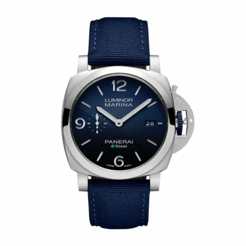 Panerai Luminor PAM1157 front, blue gradient dial, date 28 and blue fabric strap
