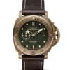 Panerai Luminor Submersible PAM382 front, dark green dial, bronze tone case and brown strap