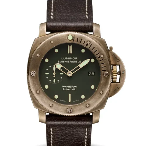 Panerai Luminor Submersible PAM382 front, dark green dial, bronze tone case and brown strap