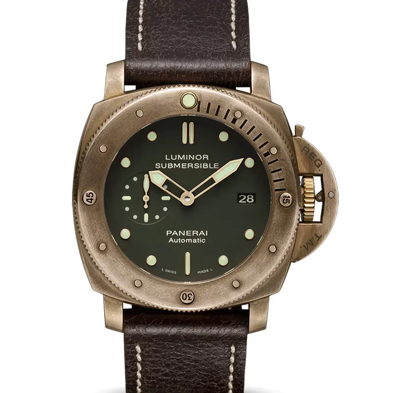 Panerai Luminor Submersible PAM382 front, dark green dial, bronze tone case and brown strap