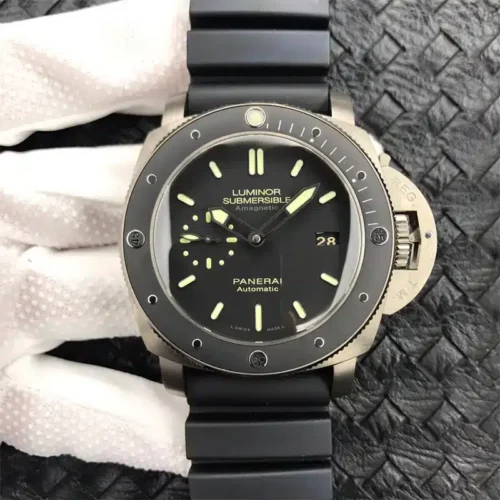 Black dial and bezel with lume dots, held in a white dotted glove