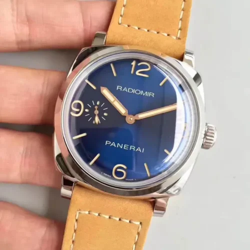 Sunburst blue dial turned slightly right, beige lume on the hands