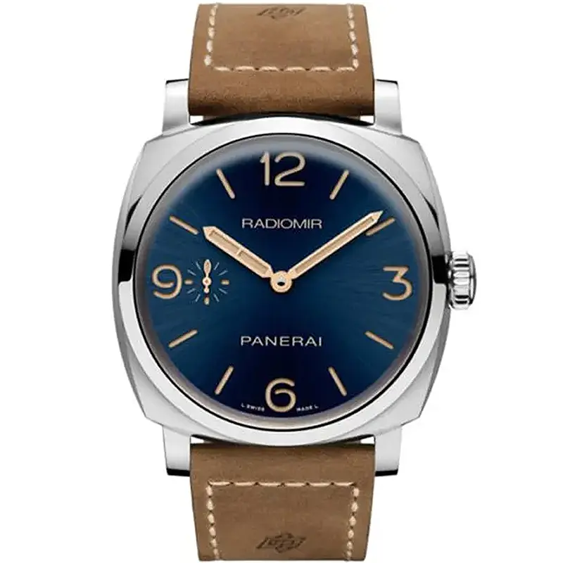 Panerai Radiomir 1940 PAM690 front view, blue dial and brown strap