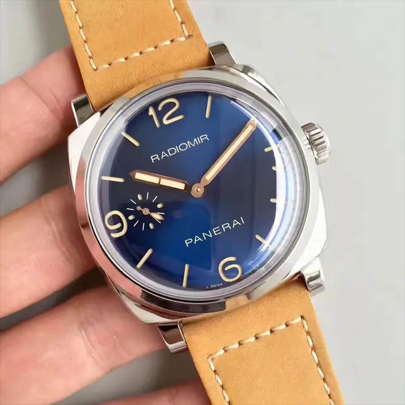 Blue dial without a date, small seconds at 9, tilted to the left