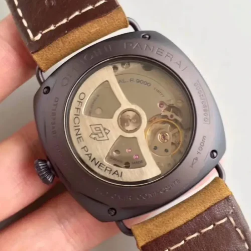 Radiomir PAM505 seen from behind, automatic rotor under a dark brown rim