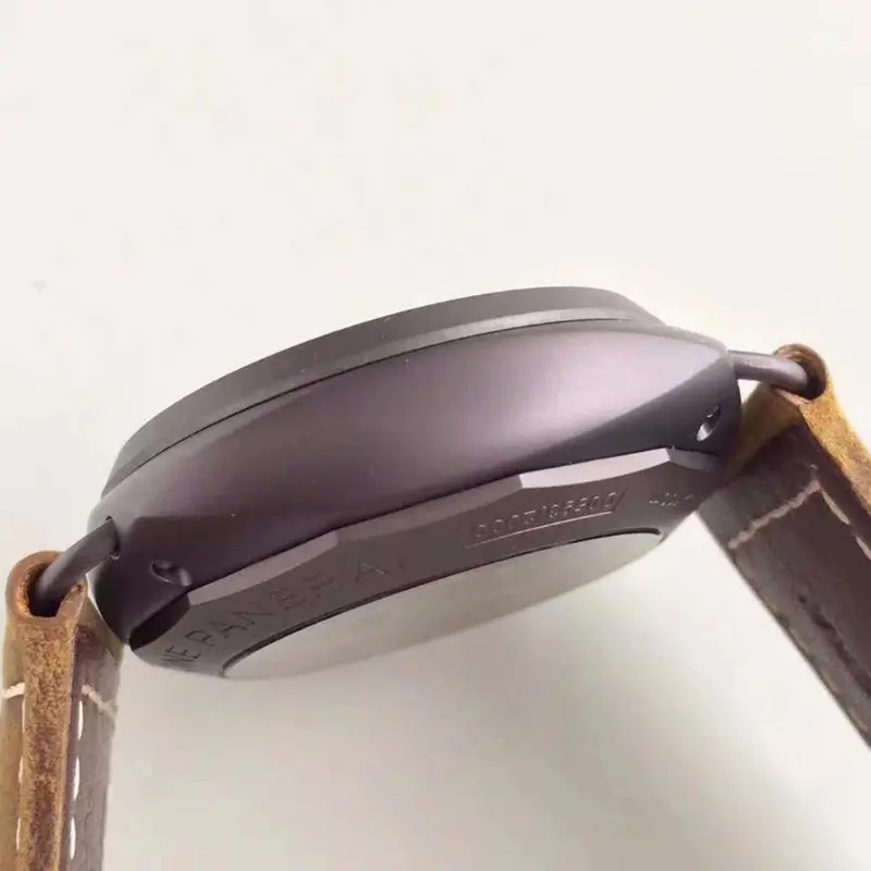 Rounded left flank of the brown case and its wire lugs on white