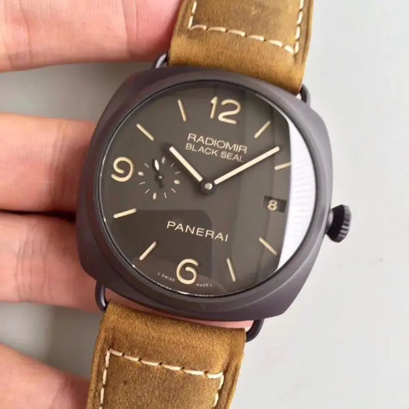 Matte brown case turned right, dark crown and light brown leather strap