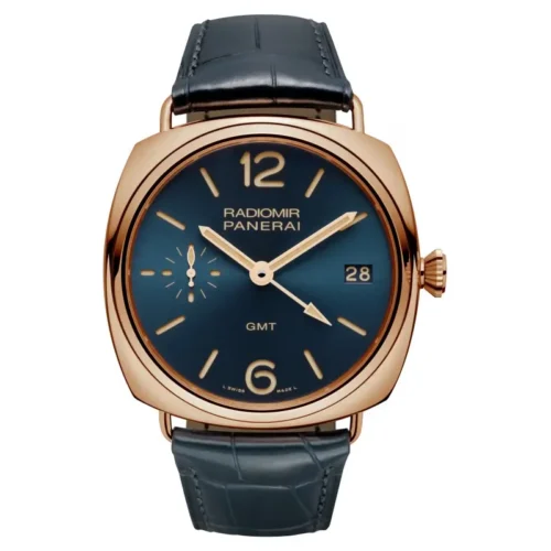 Panerai Radiomir GMT PAM598 front, blue sunburst dial in a rose gold tone case