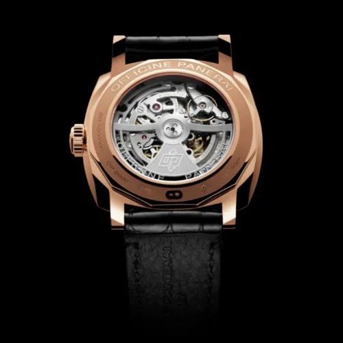 Glass back with the rotor and Officine Panerai engraving on a dark background