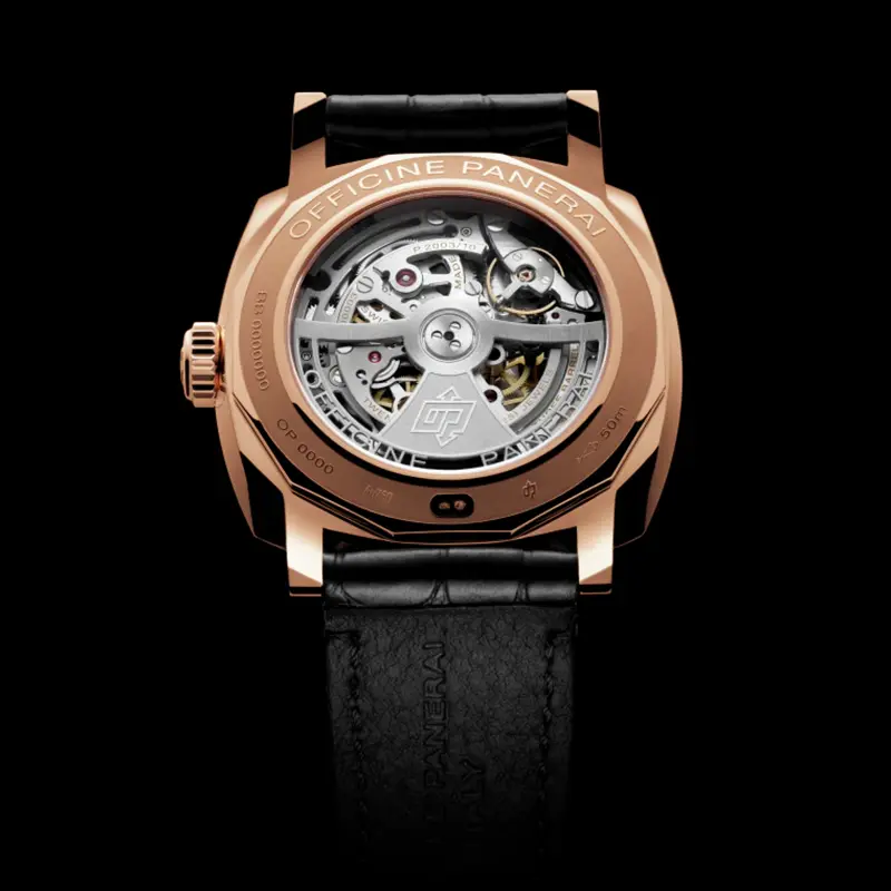 Glass back with the rotor and Officine Panerai engraving on a dark background