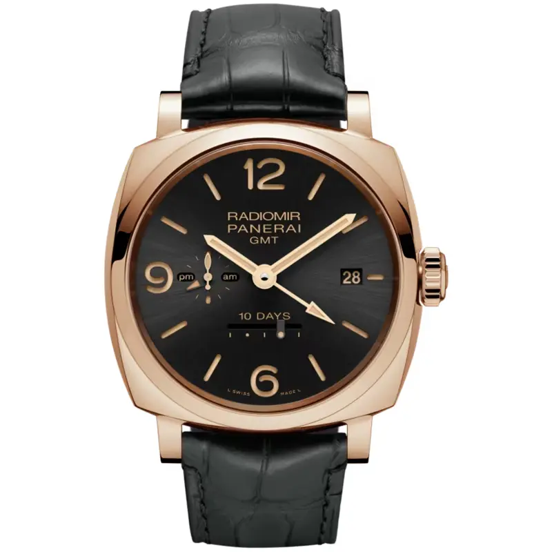 Panerai Radiomir GMT PAM625 front, black dial and rose gold tone case
