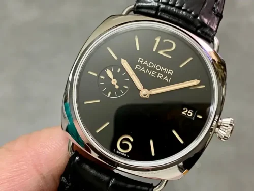 Cushion case rotated, small seconds at upper left and polished bezel