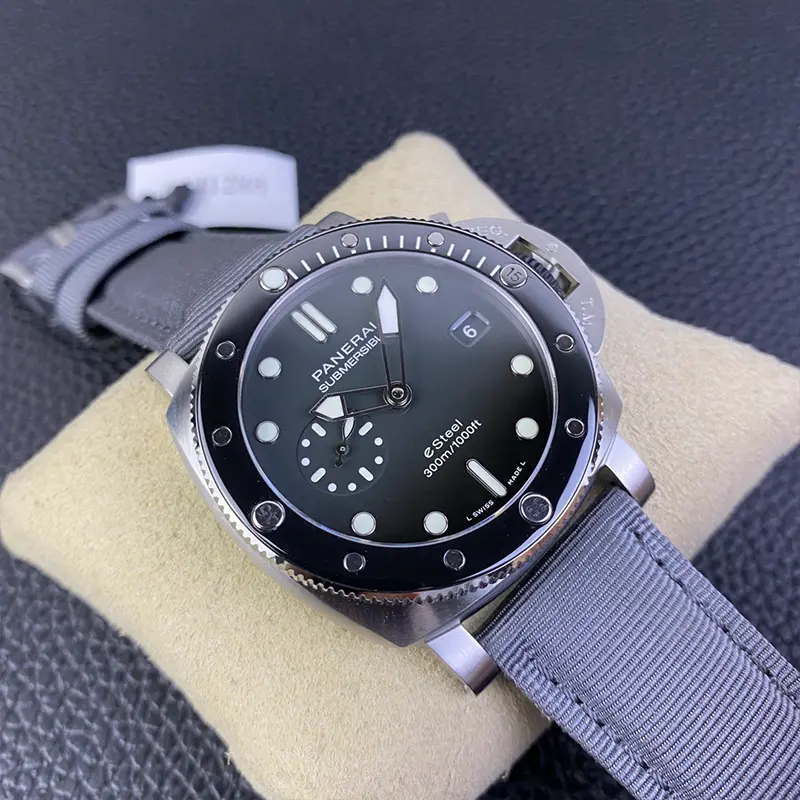 Submersible PAM1288 tilted left, luminous double bar at 12 under the bezel