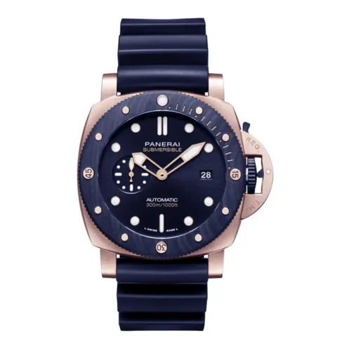 Render on white with a navy dial, blue patterned bezel and gold tone case