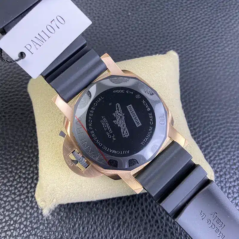 Solid black caseback with an engraved frogman emblem, PAM1070 tag above it