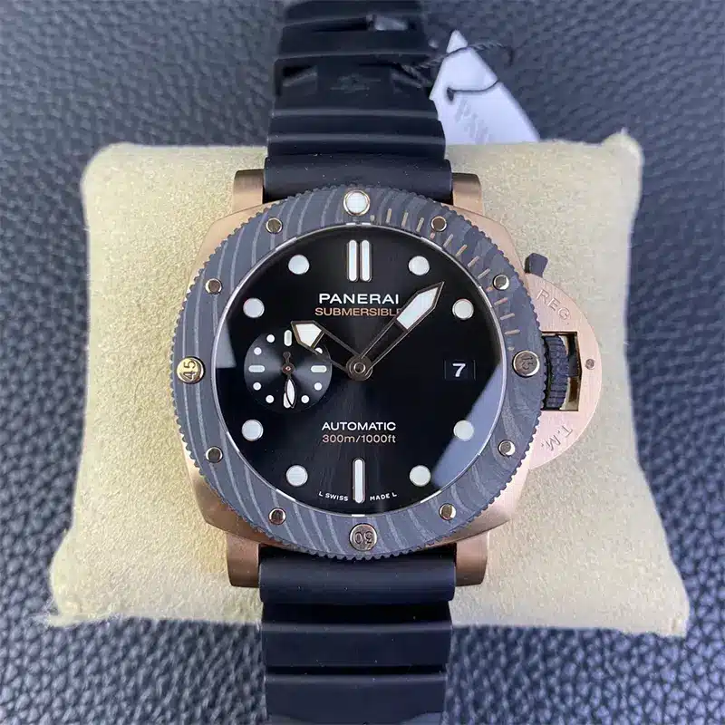 Submersible Goldtech OroCarbo PAM1070 on a cushion, black dial and grey carbon bezel