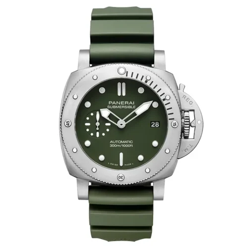Panerai Submersible PAM1055 front, matte green dial and steel bezel with screws