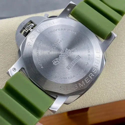 Submersible PAM1226 caseback, frogman on an underwater scooter beside Stainless Steel text