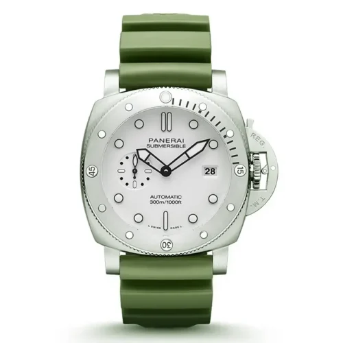 Panerai Submersible PAM1226 front, matte white face and a ribbed green rubber strap