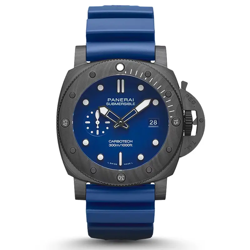 Panerai Submersible PAM1232 front, deep blue dial in a marbled black case