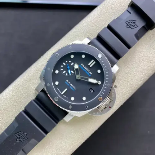 Whole watch angled on the stand, black rubber strap with logo