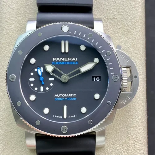 Panerai Submersible PAM2683 front on the stand, black dial and blue lettering