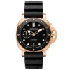 Render on white: rose gold tone case, black dial and black rubber strap