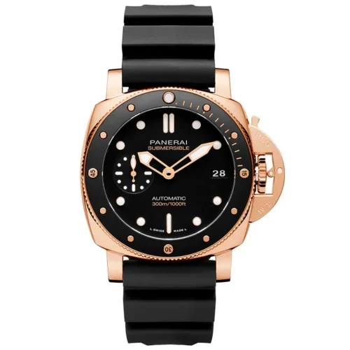 Render on white: rose gold tone case, black dial and black rubber strap
