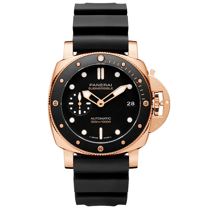 Render on white: rose gold tone case, black dial and black rubber strap
