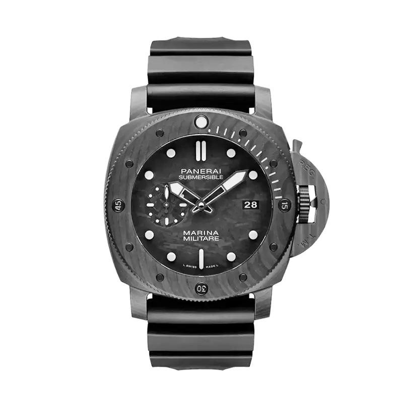 Panerai Submersible PAM979 front, mottled grey Marina Militare dial on black rubber