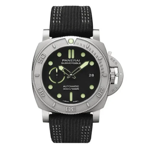 Panerai Submersible PAM984 front, black dial and grey sand-textured bezel on fabric strap