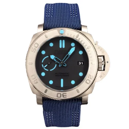 Panerai Submersible PAM985 front, dark grey dial with sky blue lume