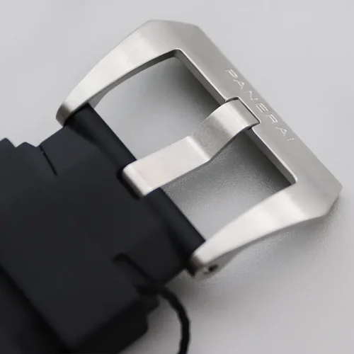 Brushed buckle signed Panerai on the black rubber, tag cord hanging below