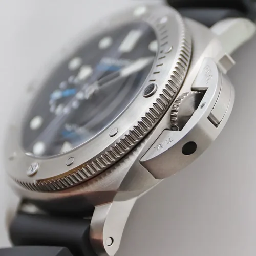 Hinged guard lever and grooved bezel rim up close, dial out of focus