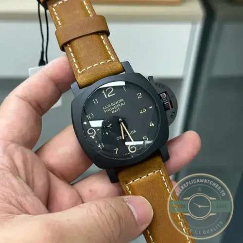 Panerai Luminor replica PAM441 black ceramic case with GMT function