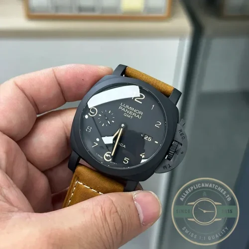 Panerai Luminor replica PAM441 black ceramic case with GMT function