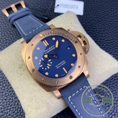 Panerai Submersible replica PAM 1074 bronze case blue sandwich dial