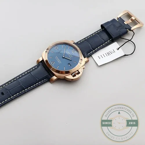 Panerai Luminor Marina replica PAM 1114 Goldtech case blue sandwich dial