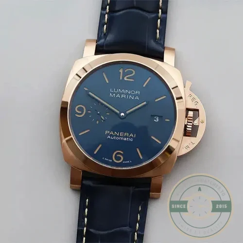 Panerai Luminor Marina replica PAM 1114 Goldtech case blue sandwich dial
