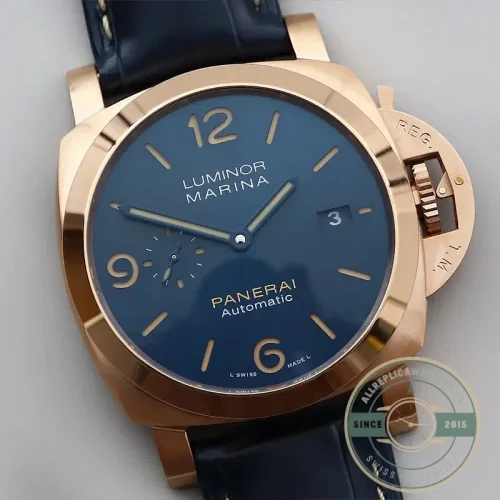 Panerai Luminor Marina replica PAM 1114 Goldtech case blue sandwich dial