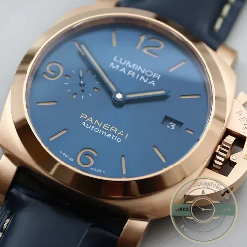 Panerai Luminor Marina replica PAM 1114 Goldtech case blue sandwich dial