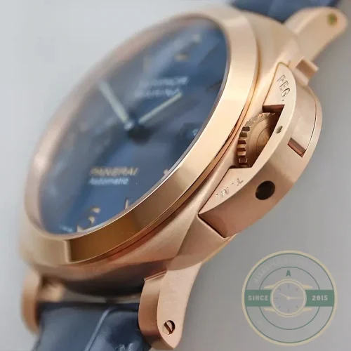 Panerai Luminor Marina replica PAM 1114 Goldtech case blue sandwich dial