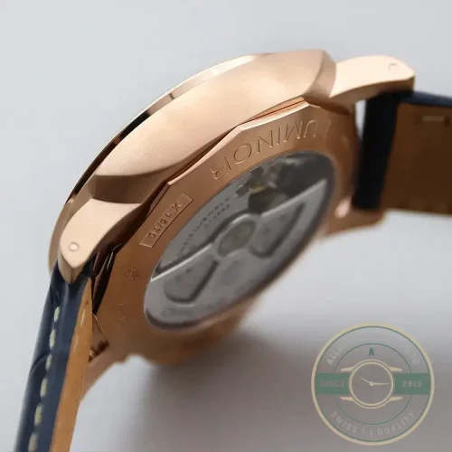 Panerai Luminor Marina replica PAM 1114 Goldtech case blue sandwich dial