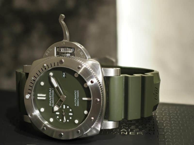 Panerai Submersible with green dial and green rubber strap, crown guard lever raised