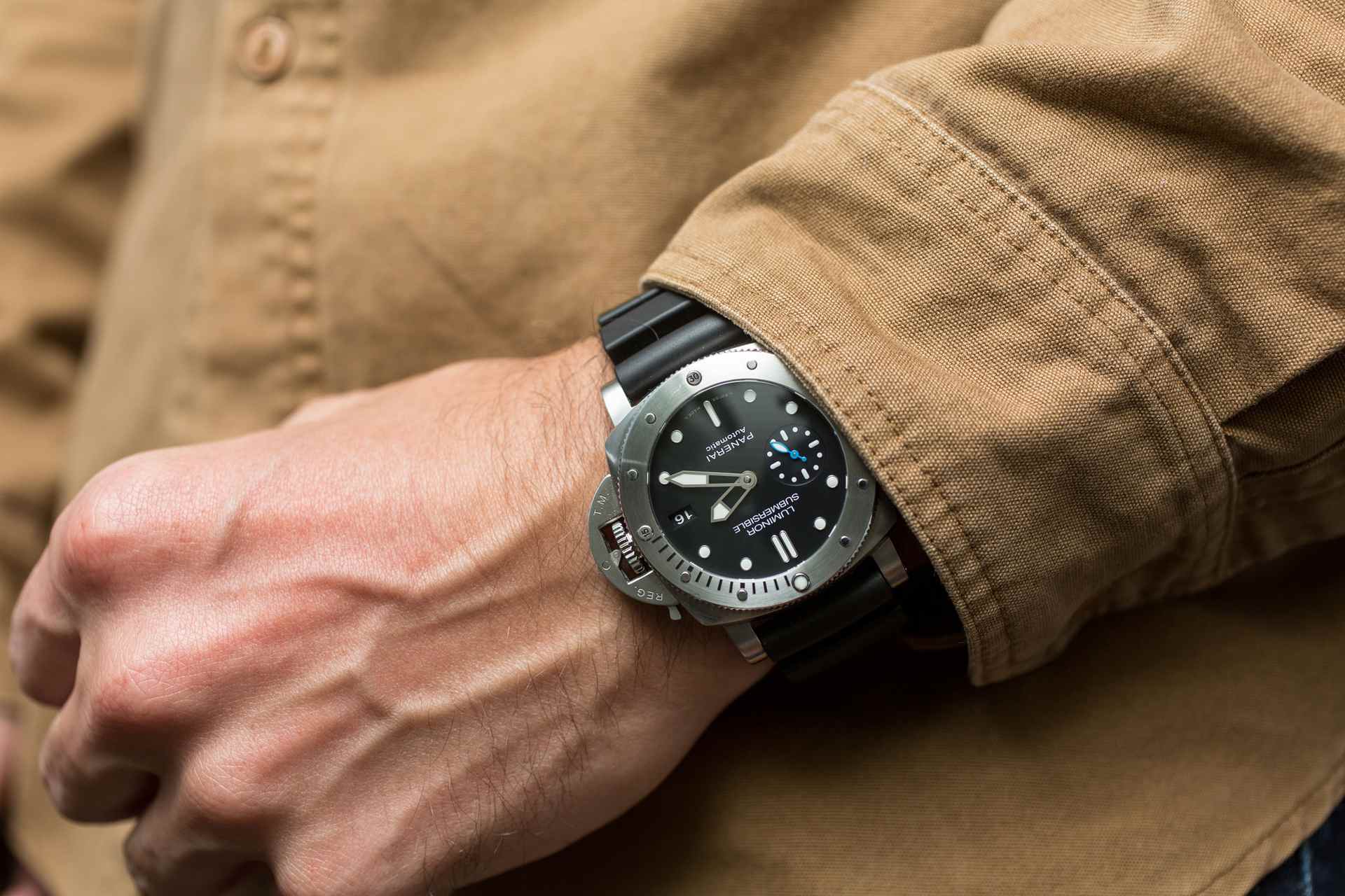 Panerai Luminor 1950 case on wrist showing curved lugs