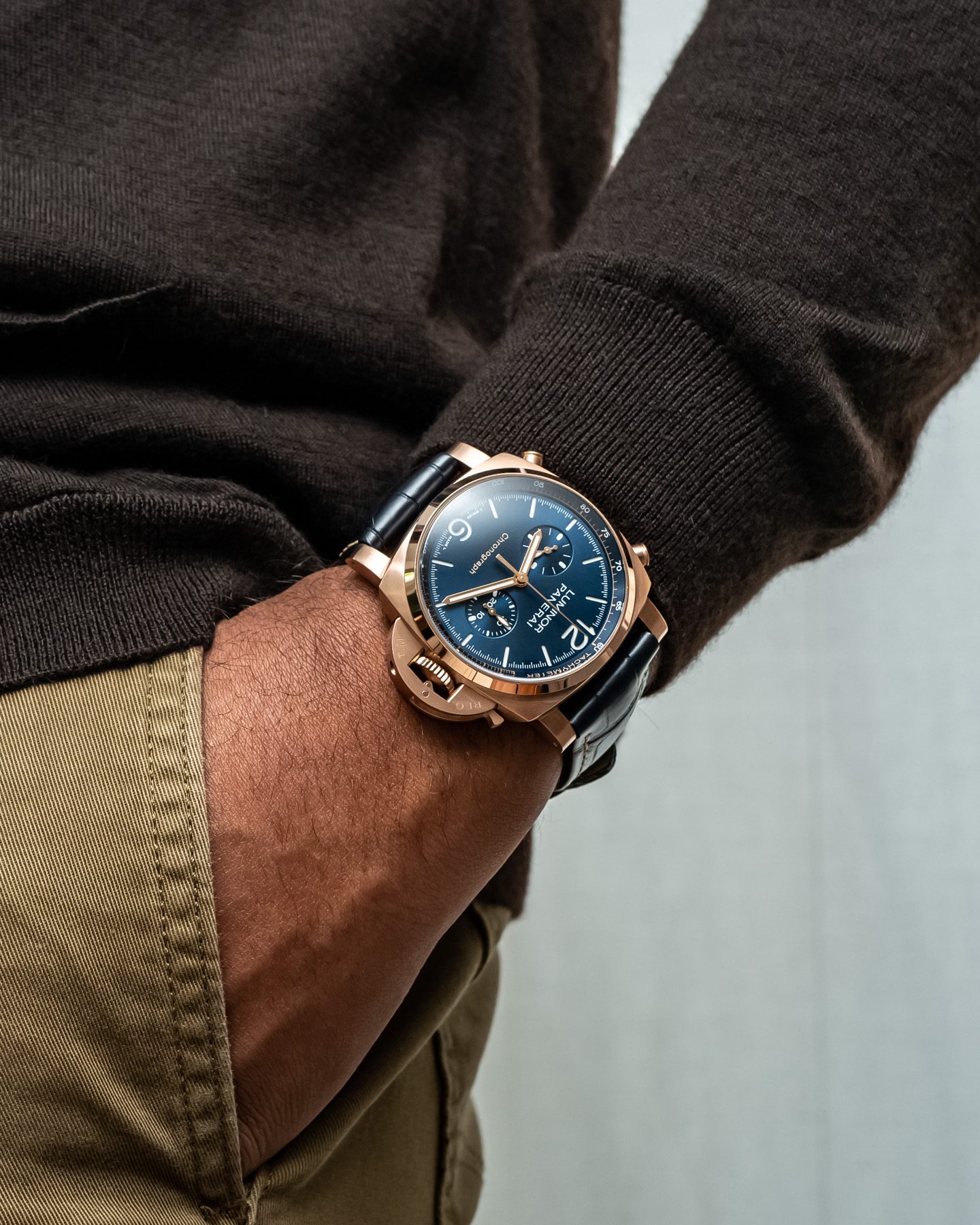 Panerai Luminor Chrono flyback chronograph on wrist close-up